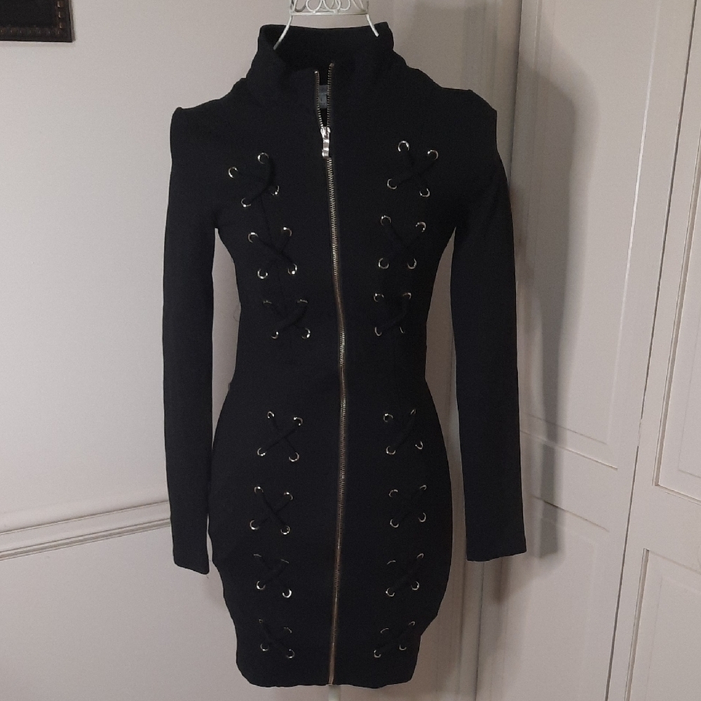 Active USA Black Dress with Lace-Up and Zip Front